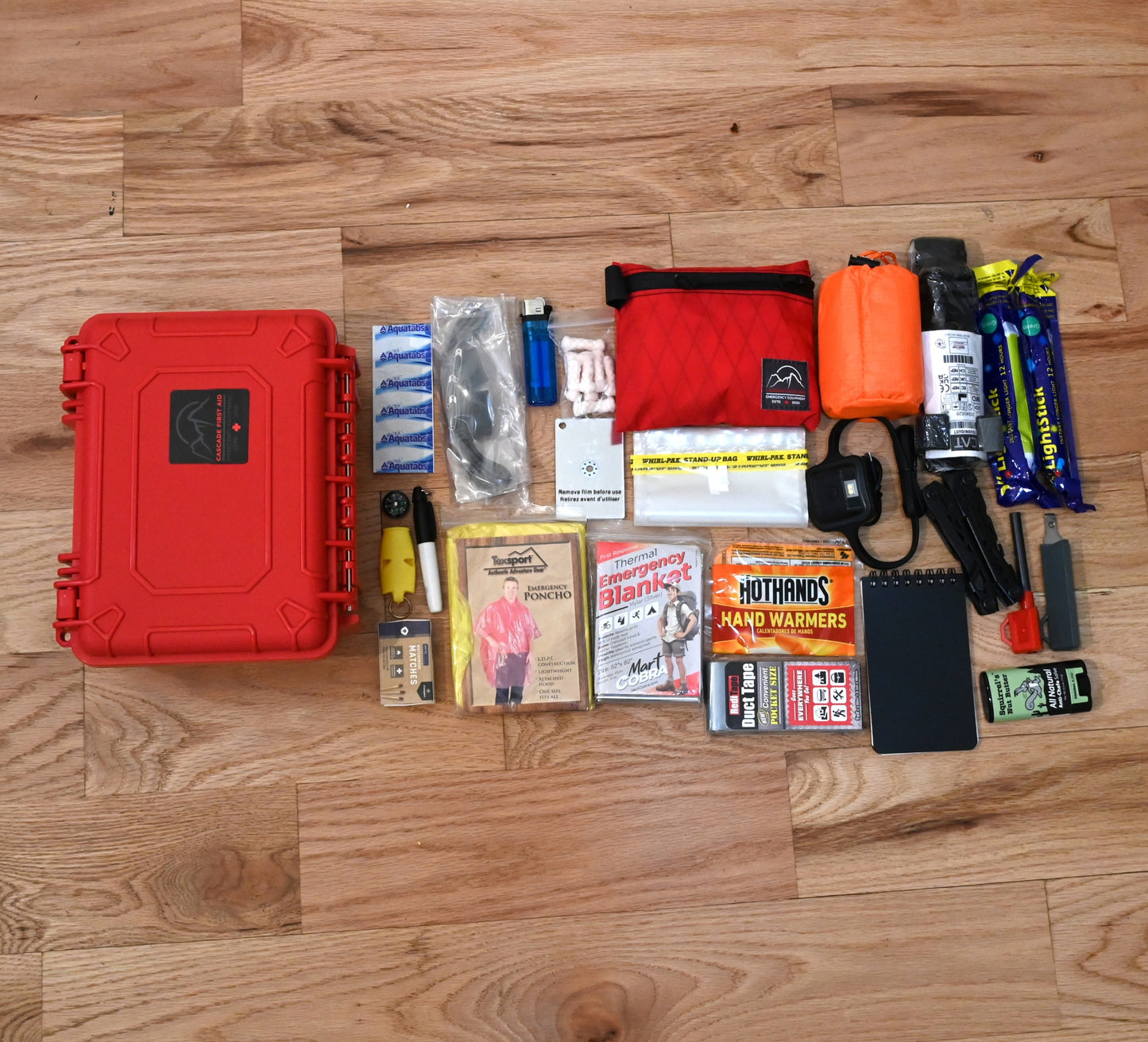 Cascade Go-Box contents for survival, off-roading, and backcountry adventures. Includes water treatment, fire-starters, and winter survival supplies.