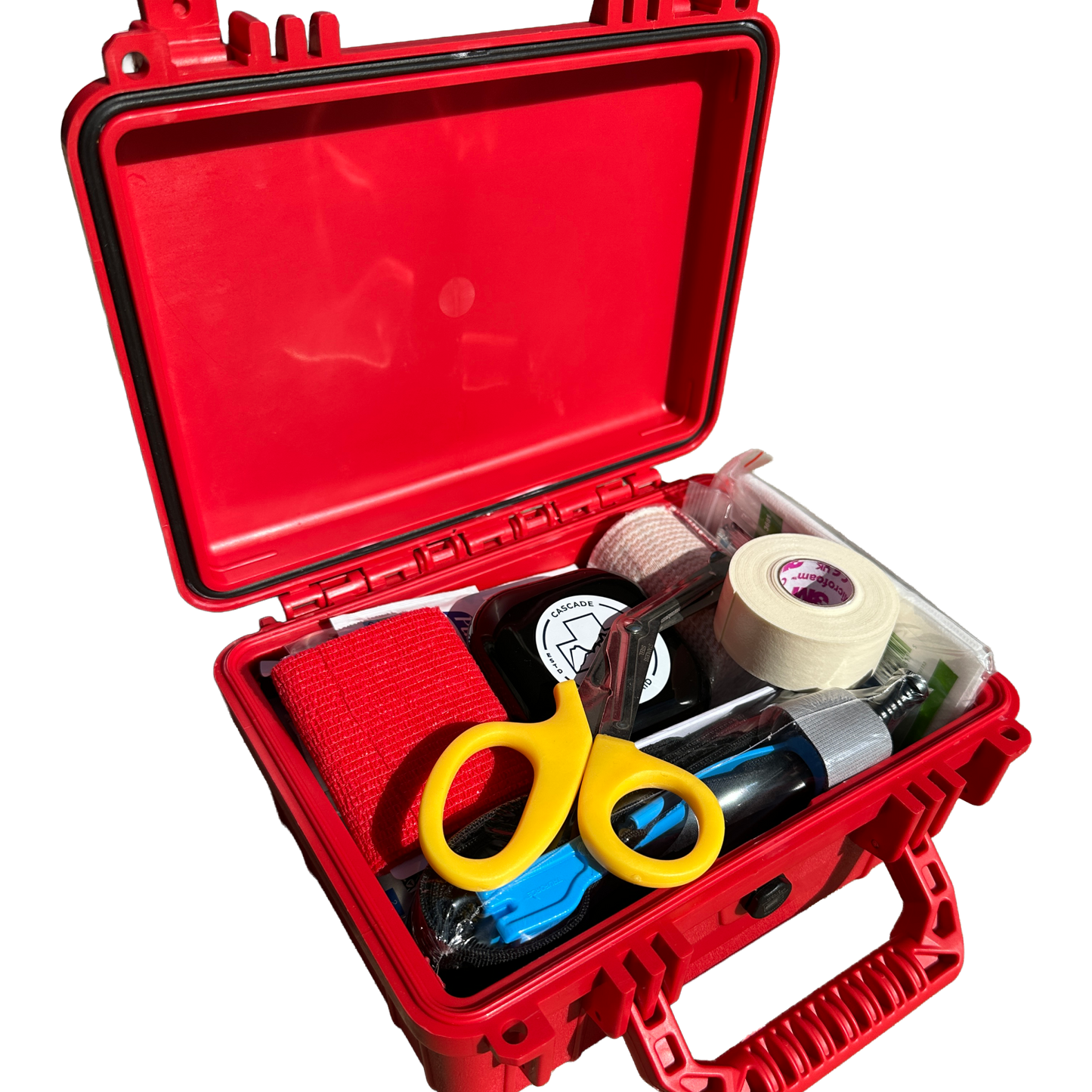 Cascade First Aid Action Trauma Kit — IP67 waterproof hard case with contents shown, including tourniquet, SAM-style splint, and trauma supplies