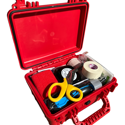 Cascade First Aid Action Trauma Kit — IP67 waterproof hard case with contents shown, including tourniquet, SAM-style splint, and trauma supplies