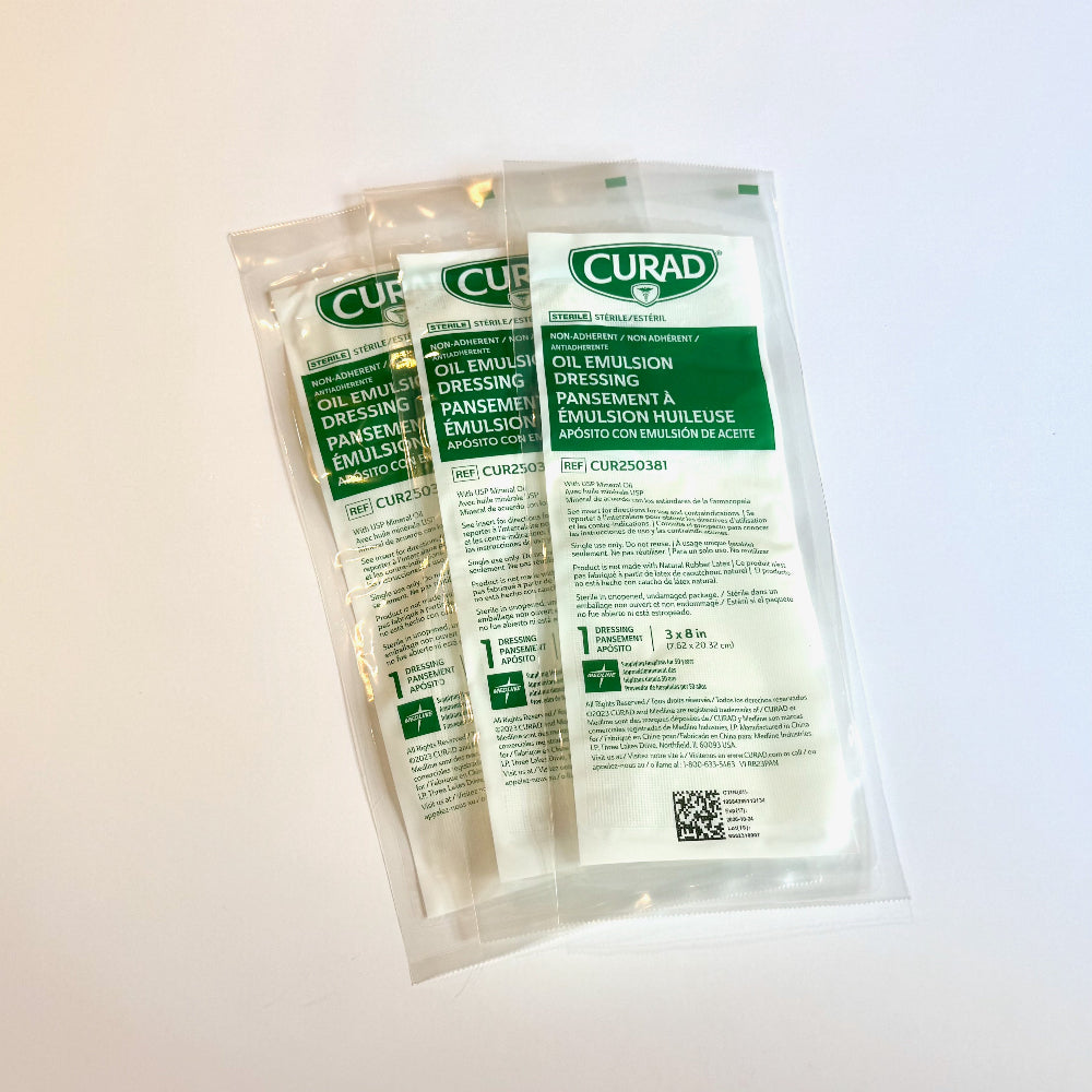 Three packs of sterile, non-adherent oil emulsion dressing - perfect for treating burns, road rash, abrasions and more.